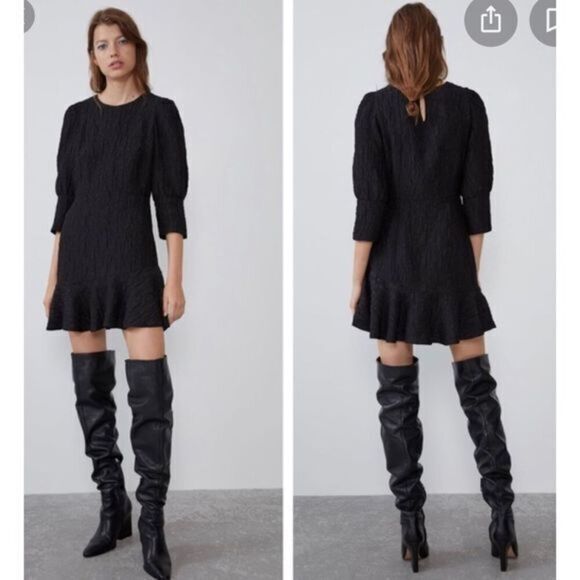NEW ZARA BLACK TEXTURED WEAVE DRESS ROUND NECK ELBOW SLEEVES Size  XXS - Picture 1 of 12